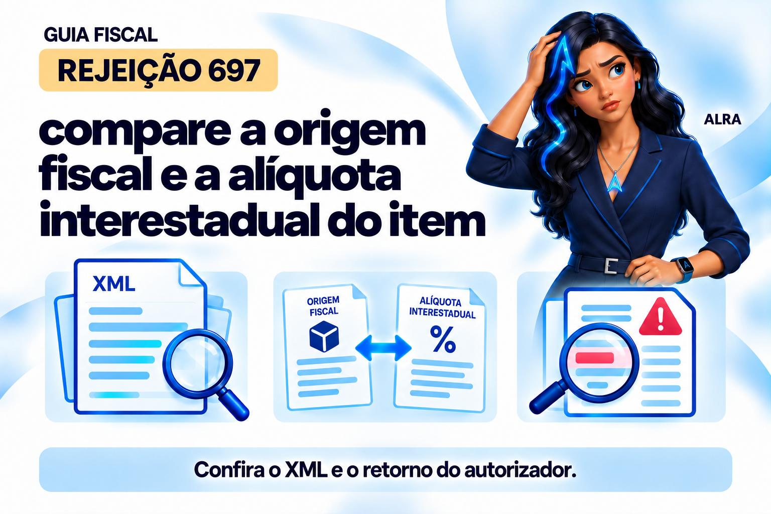 Capa ilustrada da ALRA: Rejeição 697: compare a origem fiscal e a alíquota interestadual do item.
