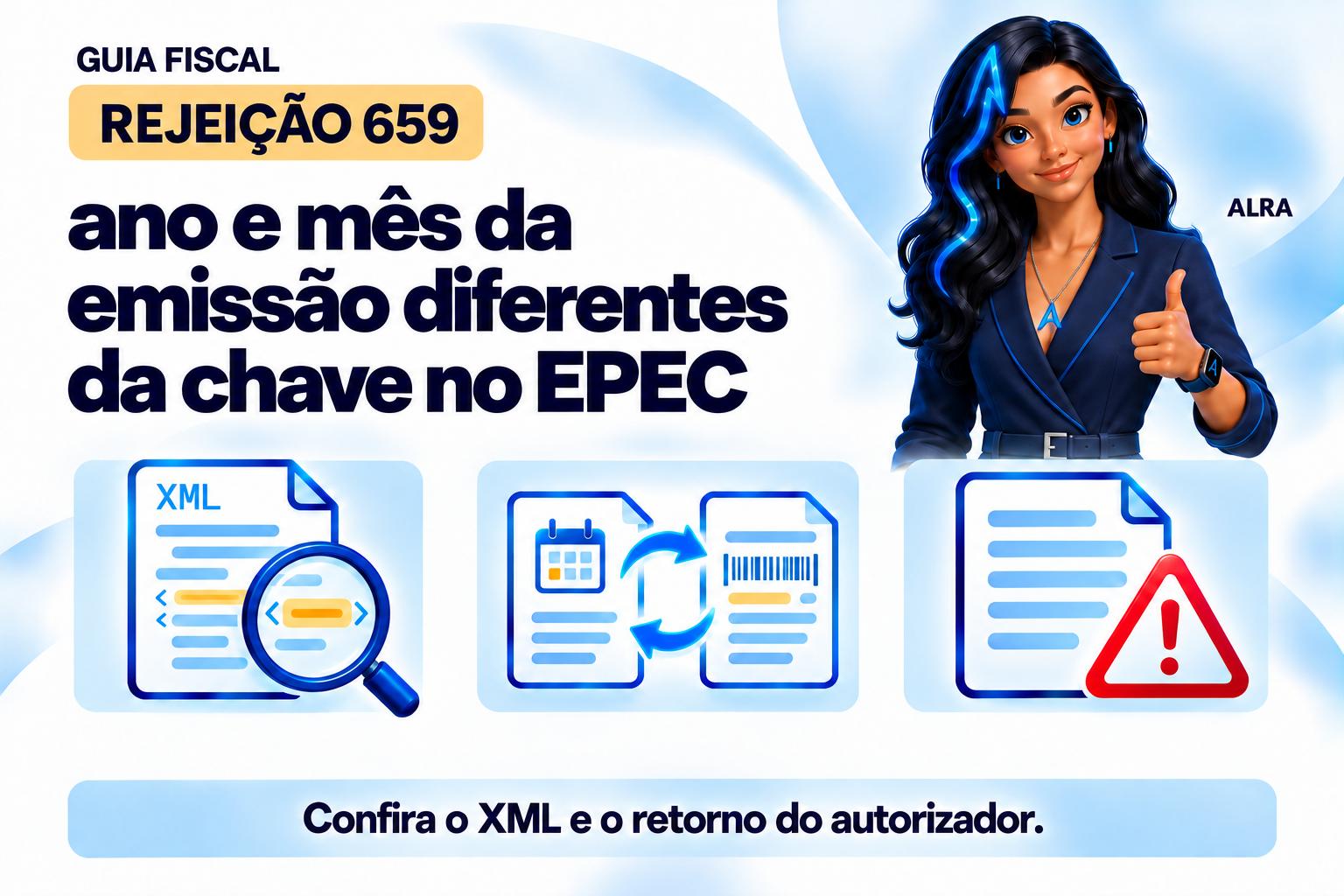 Capa ilustrada da ALRA: Rejeição 659: ano e mês da emissão diferentes da chave no EPEC.