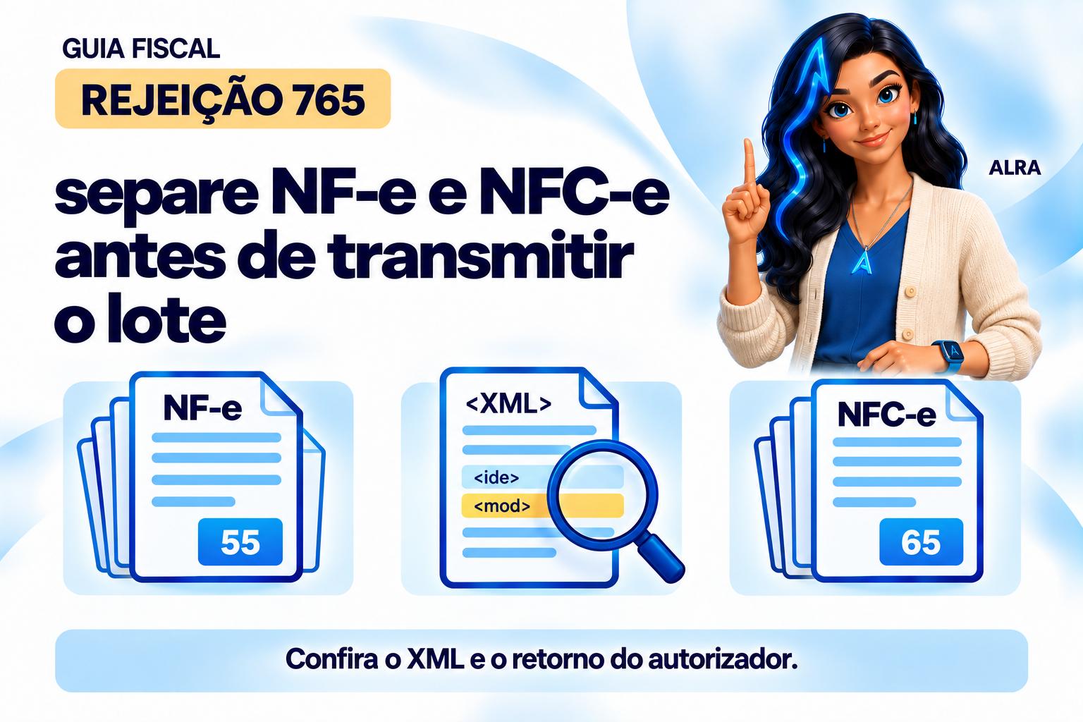 Capa ilustrada da ALRA: Rejeição 765: separe NF-e e NFC-e antes de transmitir o lote.