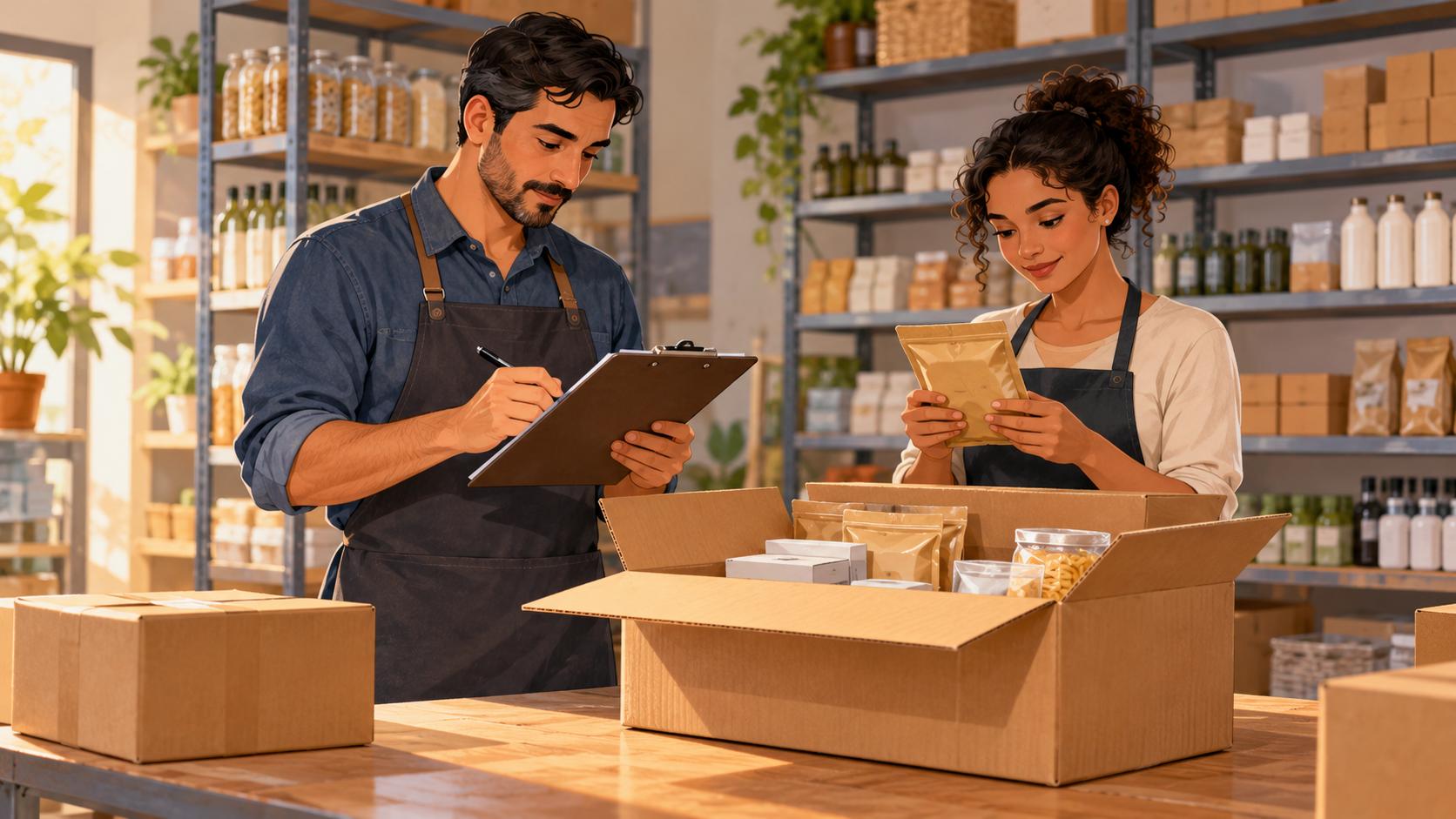 Ilustração de dois comerciantes conferindo mercadorias de uma caixa e registrando a entrega em uma prancheta no estoque da loja