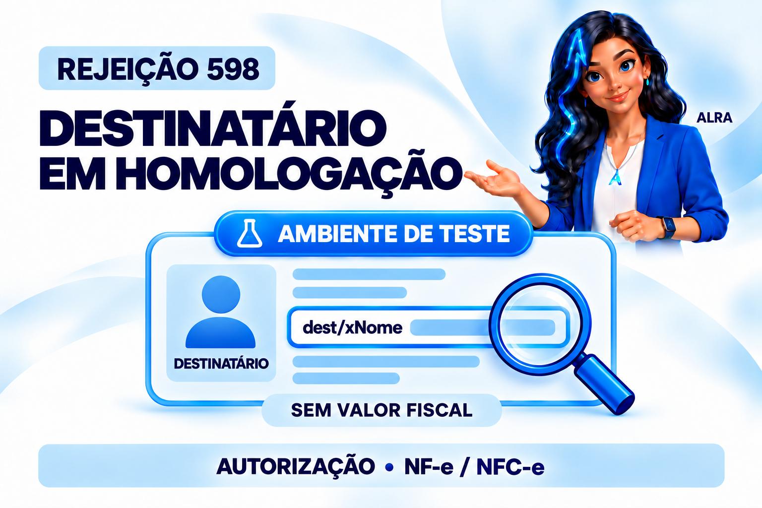 Capa ilustrada da ALRA: Rejeição 598 na NF-e e NFC-e: nome do destinatário em homologação.