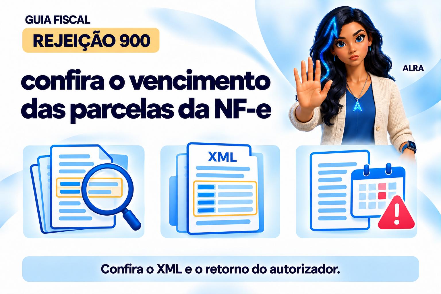 Capa ilustrada da ALRA: Rejeição 900: confira o vencimento das parcelas da NF-e.