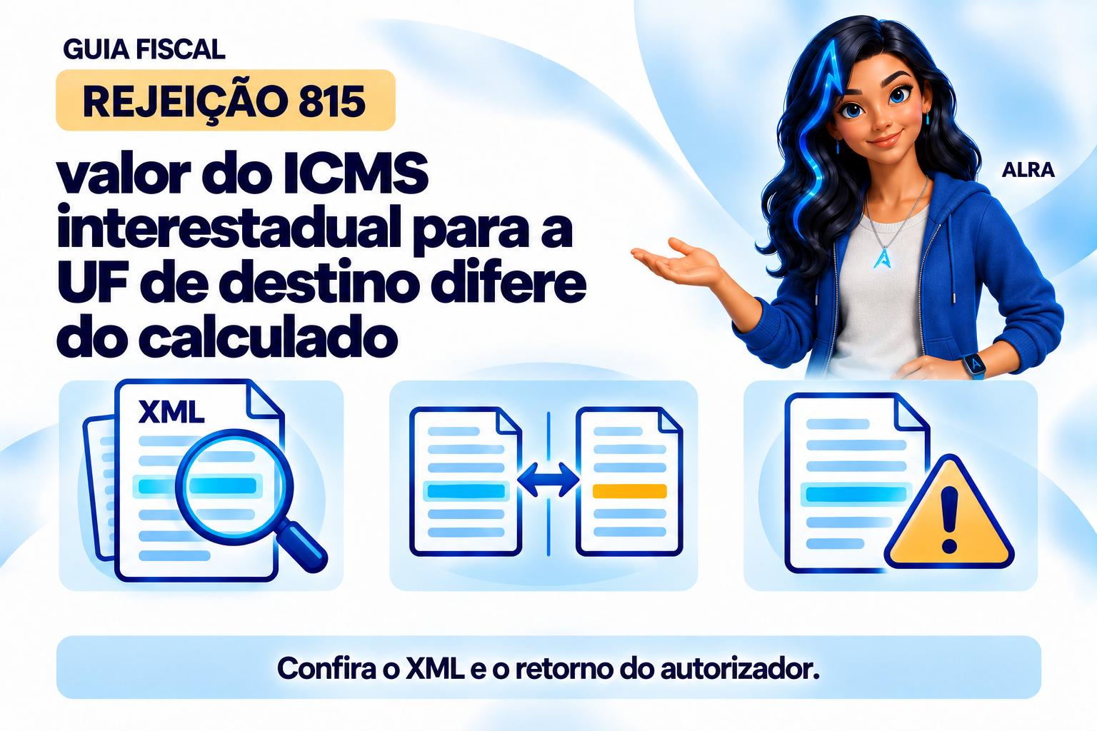 Capa ilustrada da ALRA: Rejeição 815: valor do ICMS interestadual para a UF de destino difere do calculado.