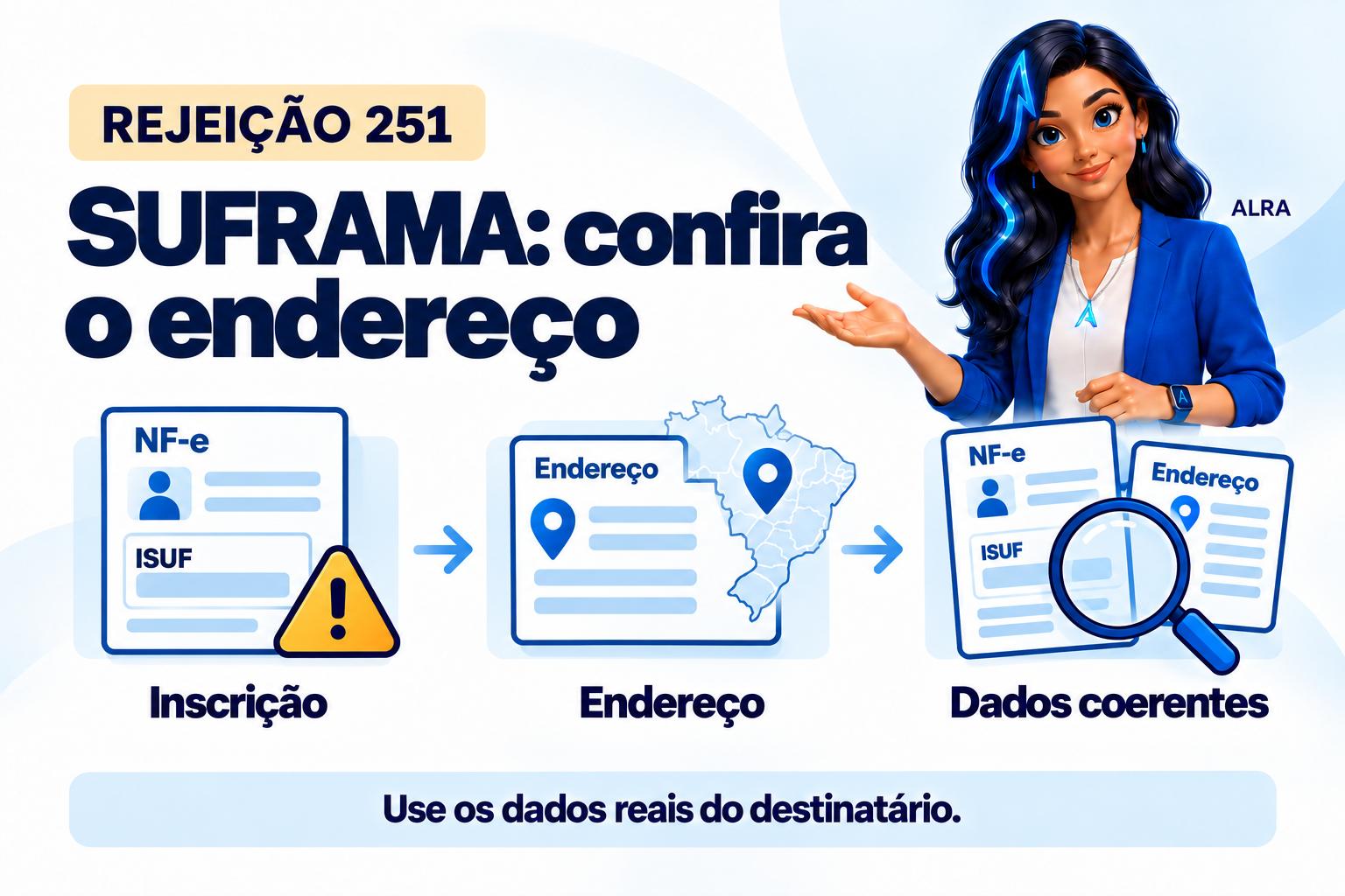 Capa ilustrada da ALRA: Rejeição 251: confira a inscrição SUFRAMA e o endereço real do destinatário.