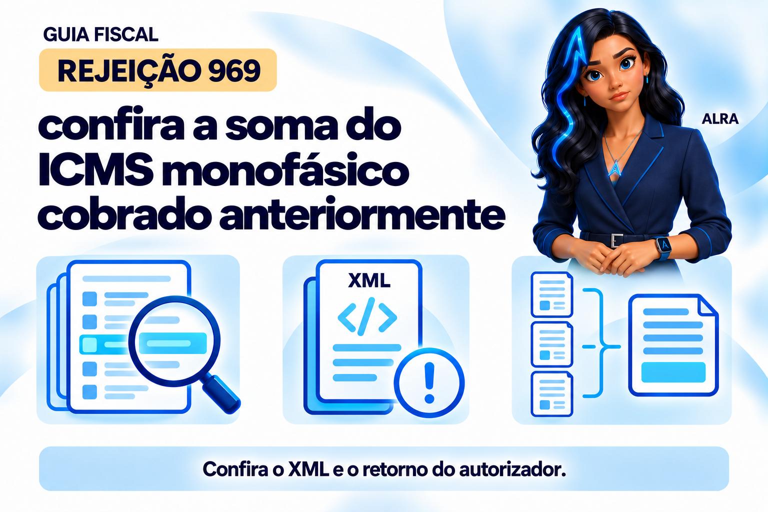 Capa ilustrada da ALRA: Rejeição 969: confira a soma do ICMS monofásico cobrado anteriormente.