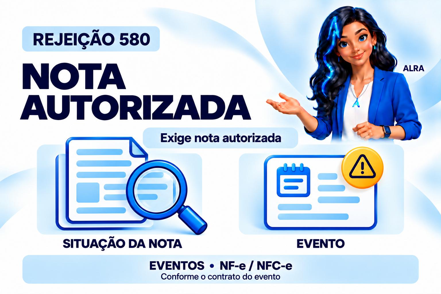 Capa ilustrada da ALRA: Rejeição 580: confirme se a nota pode receber o evento.
