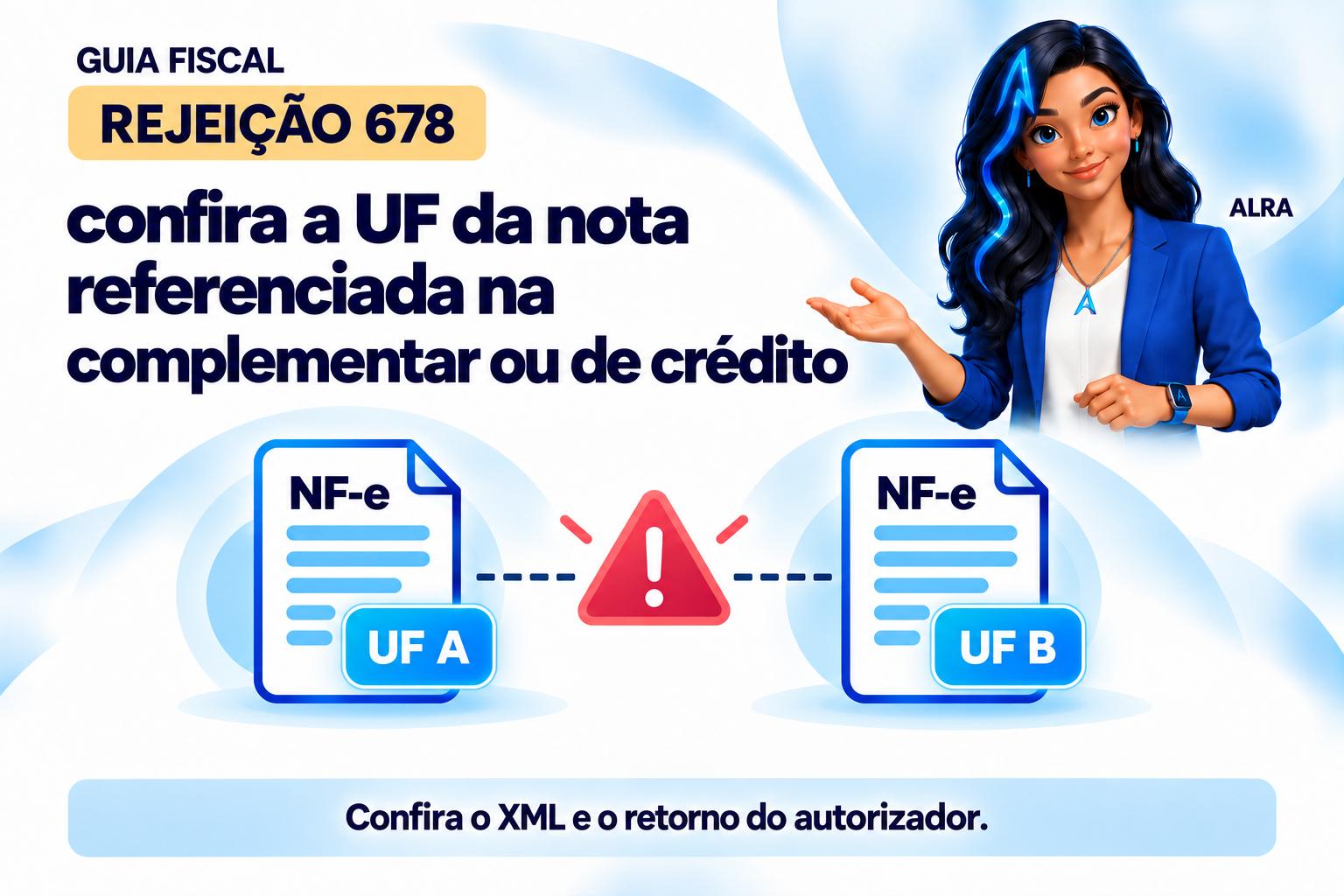 Capa ilustrada da ALRA: Rejeição 678: confira a UF da nota referenciada na complementar ou de crédito.