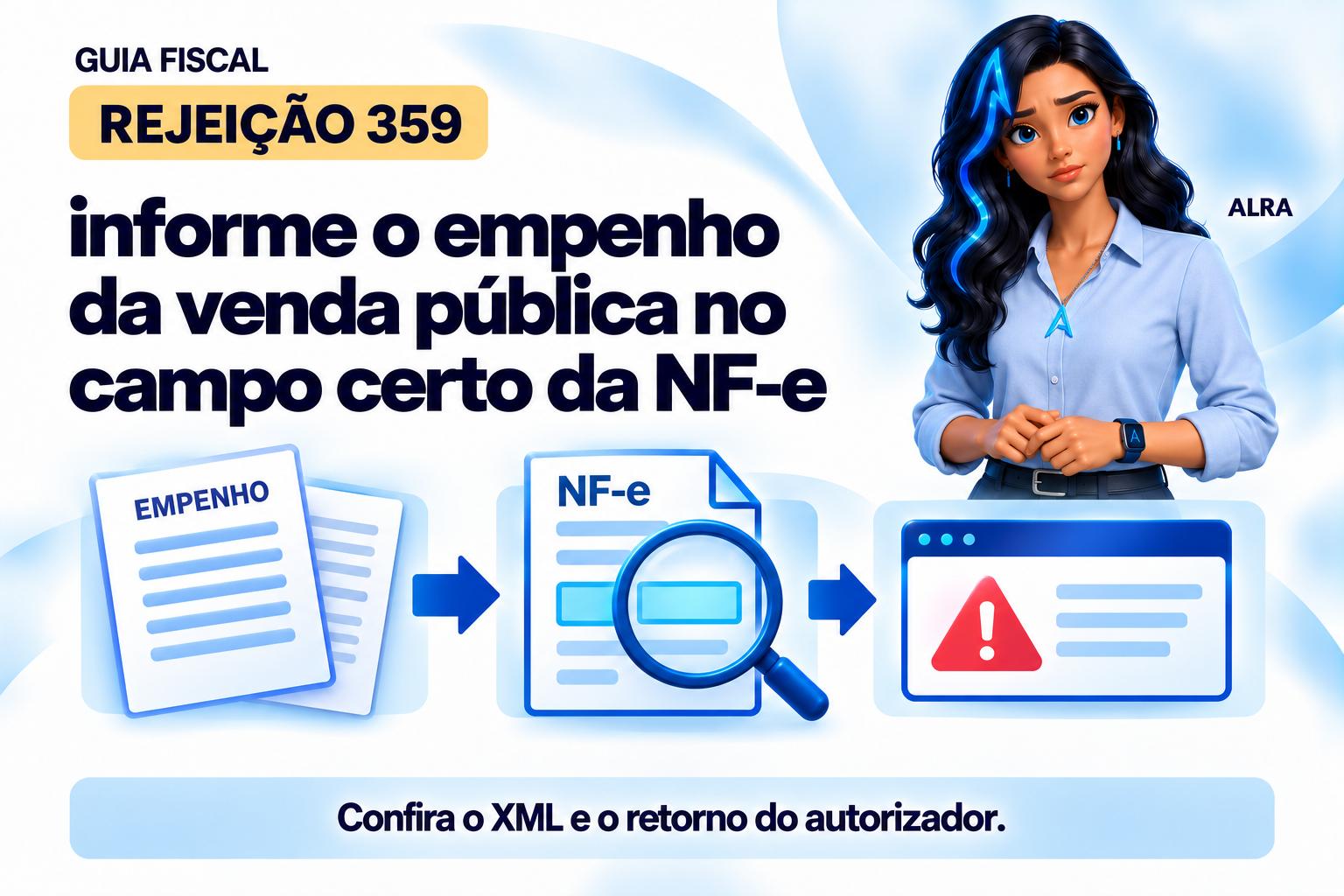 Capa ilustrada da ALRA: Rejeição 359: informe o empenho da venda pública no campo certo da NF-e.