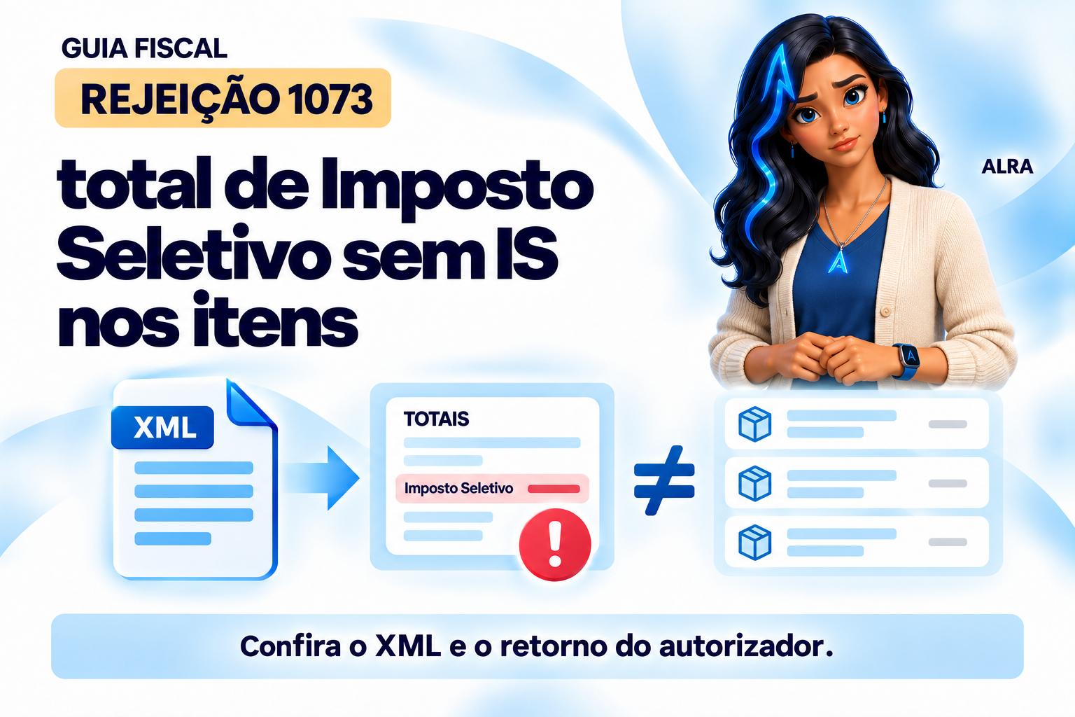 Capa ilustrada da ALRA: Rejeição 1073: total de Imposto Seletivo sem IS nos itens.