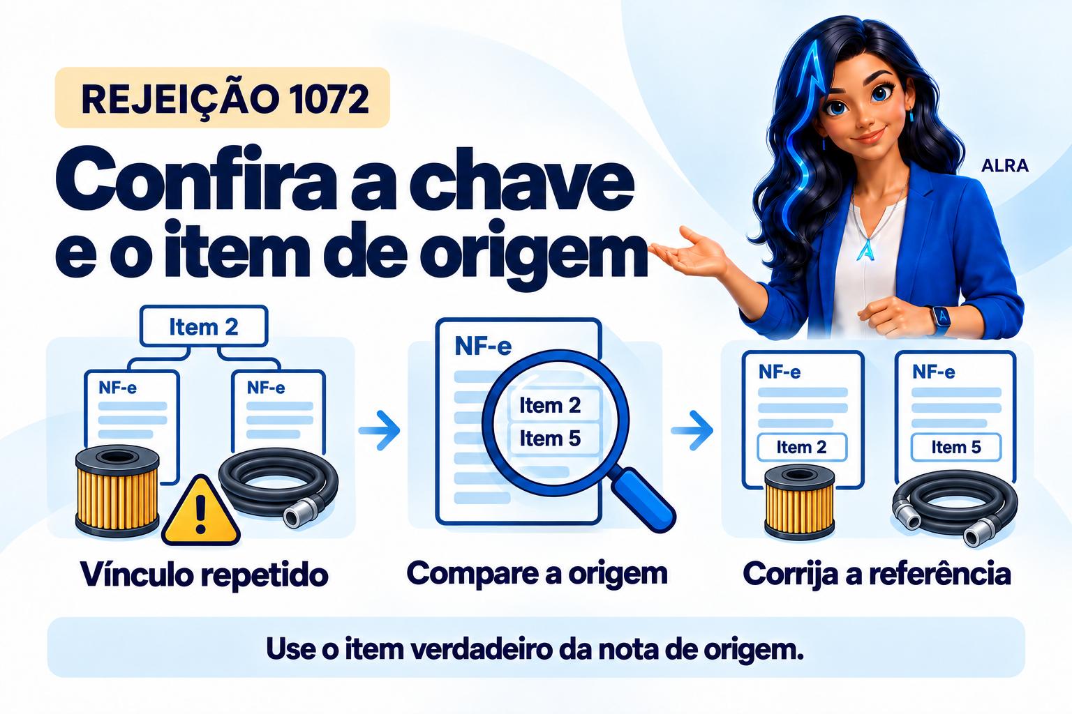Capa ilustrada da ALRA: Rejeição 1072: confira a chave e o item de origem repetidos na NF-e.