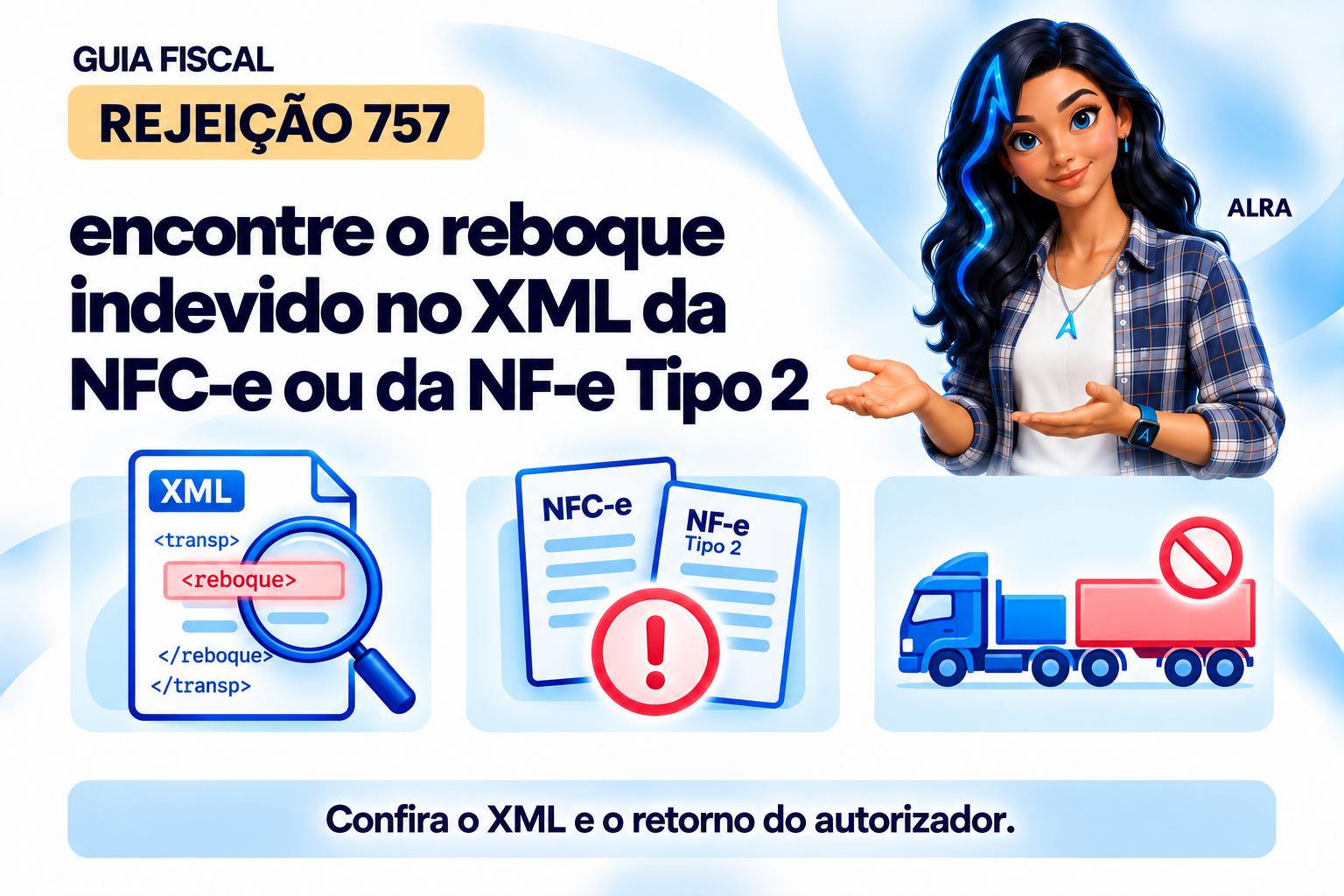 Capa ilustrada da ALRA: Rejeição 757: encontre o reboque indevido no XML da NFC-e ou da NF-e Tipo 2.