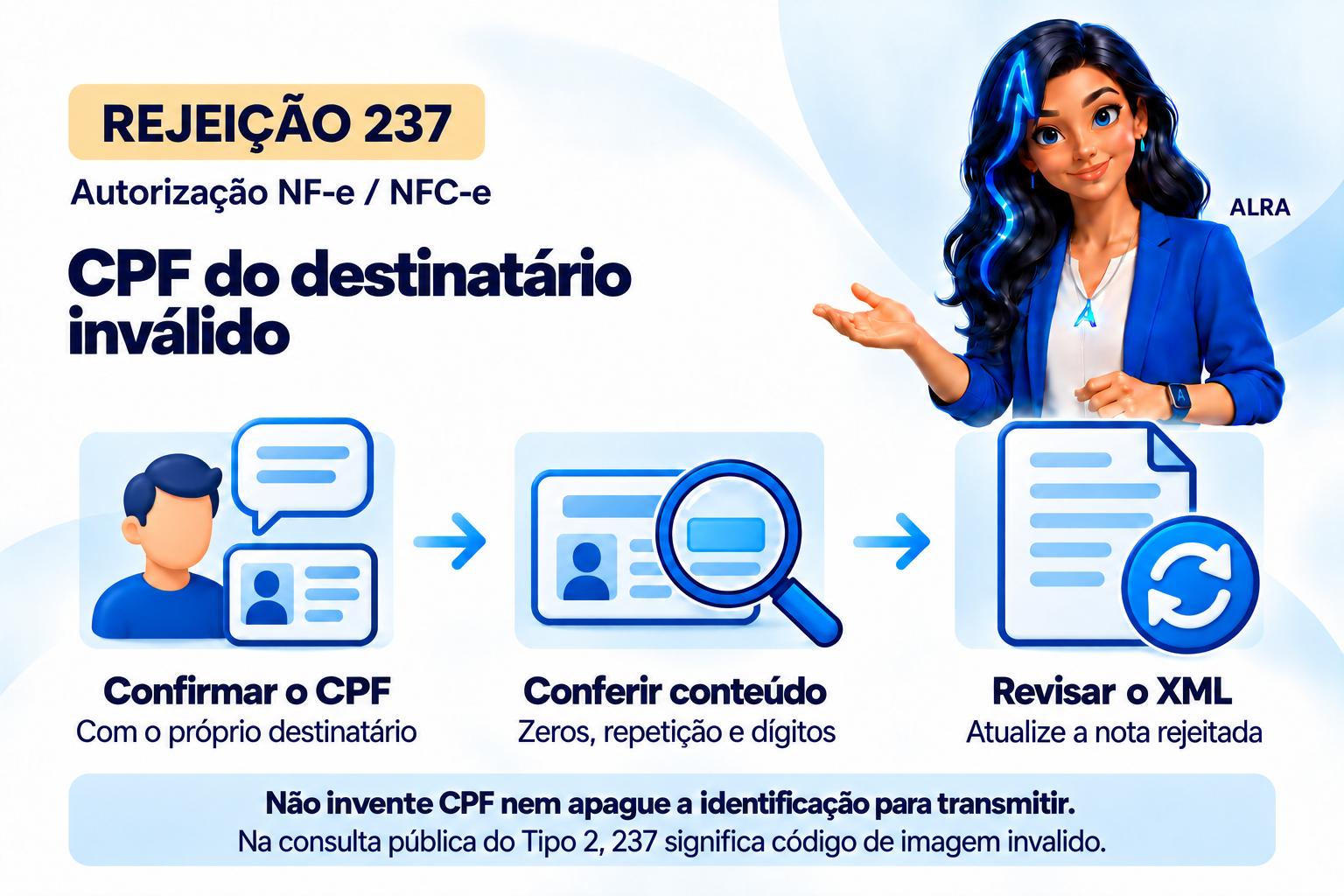 Capa ilustrada da ALRA: Rejeição 237 da NF-e e CPF do destinatário inválido.