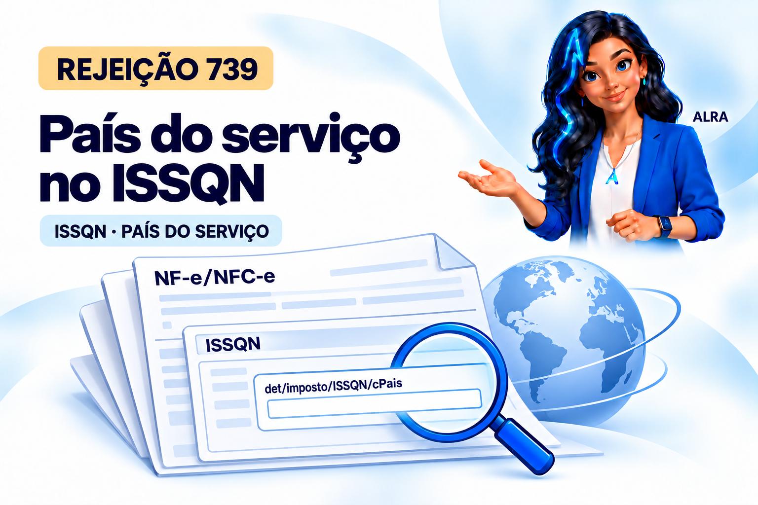 Capa ilustrada da ALRA: Rejeição 739: como corrigir o país do serviço no grupo ISSQN da NF-e.
