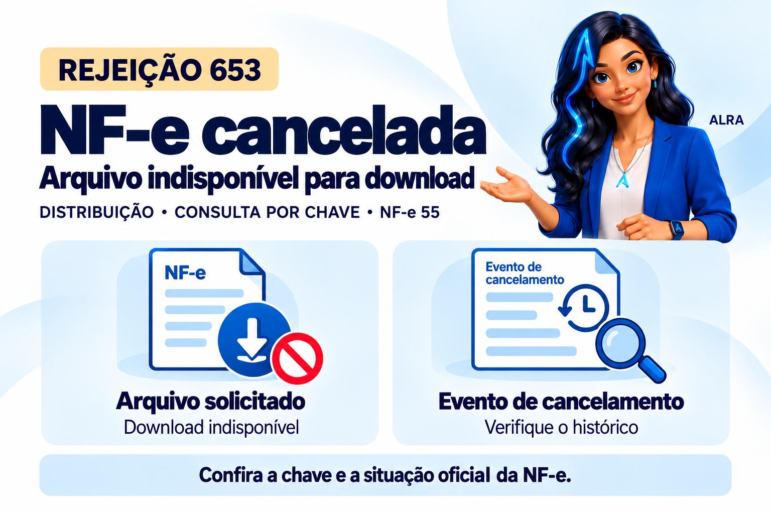 Capa ilustrada da ALRA: Rejeição 653: por que a NF-e cancelada não está disponível para download.