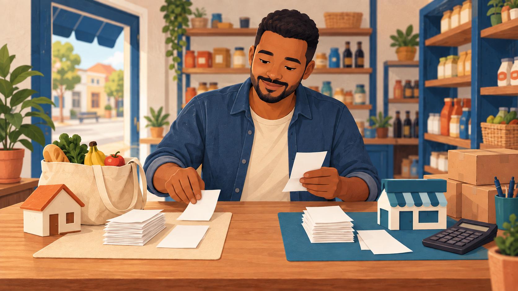 Ilustração de um pequeno comerciante organizando separadamente os papéis das despesas pessoais e da empresa sobre uma mesa