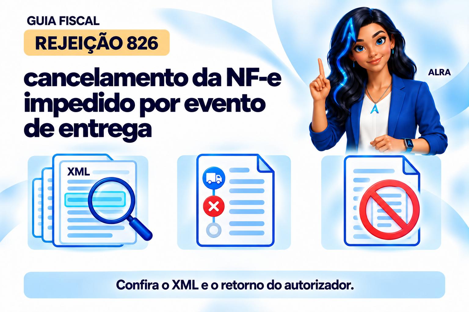 Capa ilustrada da ALRA: Rejeição 826: cancelamento da NF-e impedido por evento de entrega.