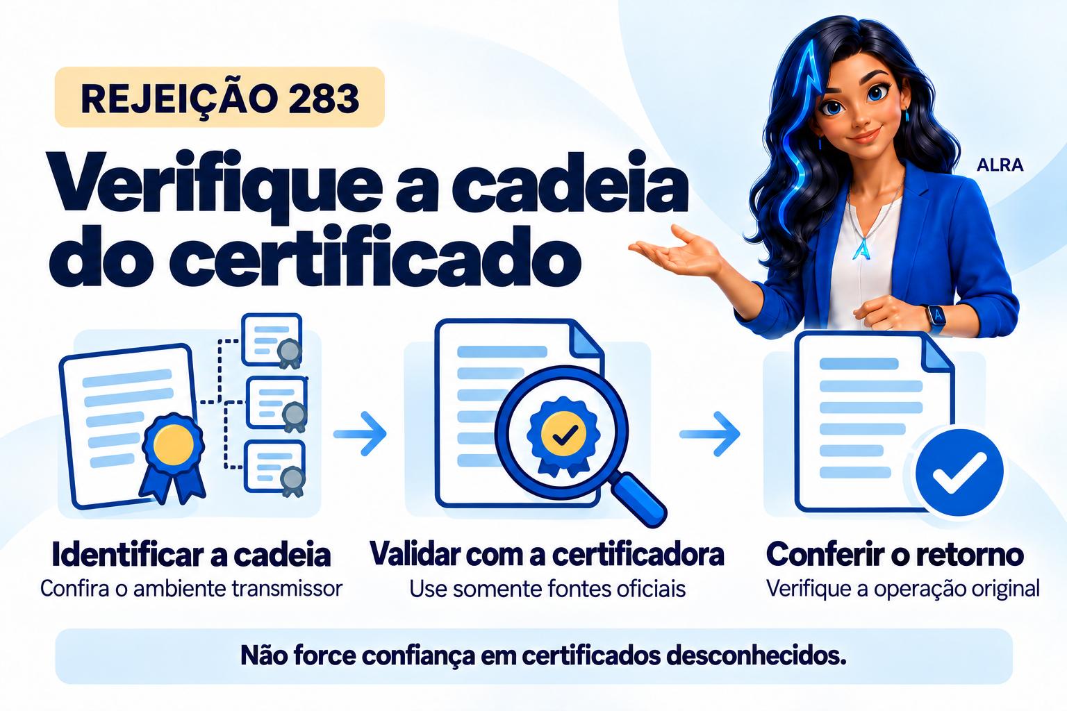 Capa ilustrada da ALRA: Rejeição 283: como investigar a cadeia do certificado transmissor.