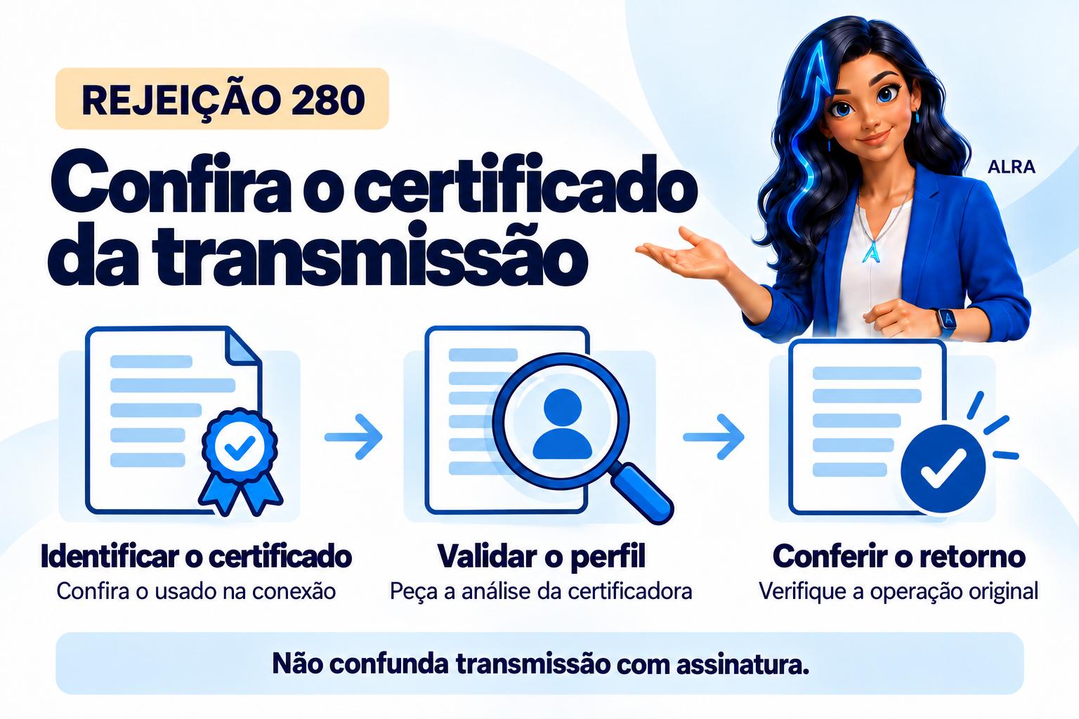 Capa ilustrada da ALRA: Rejeição 280: como conferir o certificado usado na transmissão.