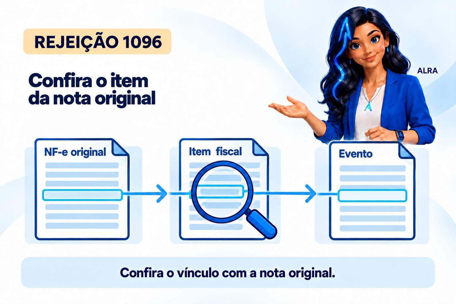 Capa ilustrada da ALRA: Rejeição 1096: confira o item original da NF-e antes de reenviar o evento.