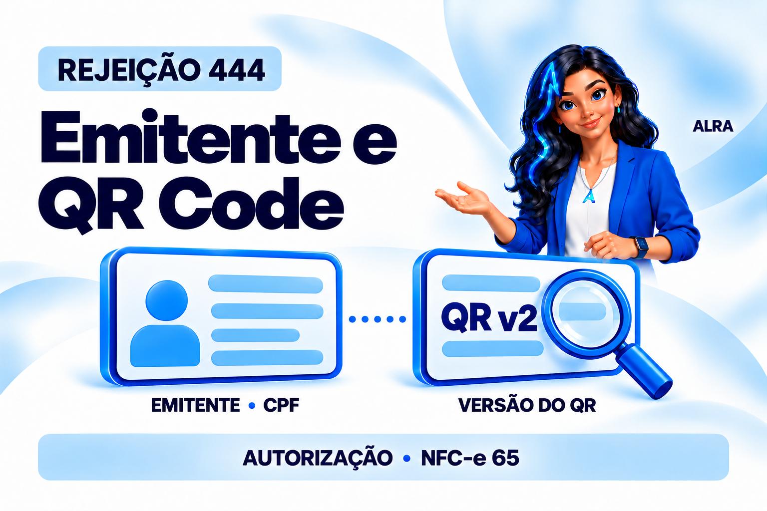 Capa ilustrada da ALRA: Rejeição 444 e o QR Code da NFC-e emitida por pessoa física.