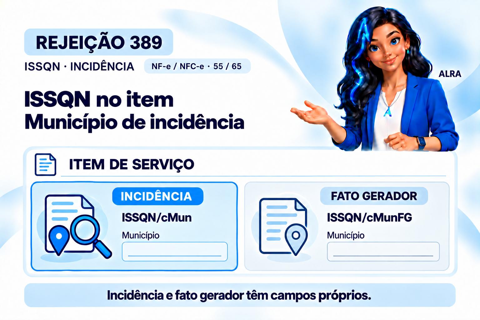 Capa ilustrada da ALRA: Rejeição 389: corrija o município de incidência do ISSQN.