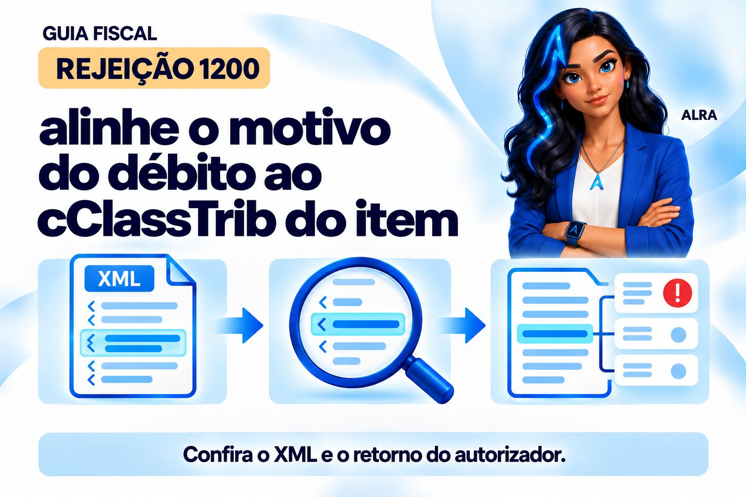 Capa ilustrada da ALRA: Rejeição 1200: alinhe o motivo do débito ao cClassTrib do item.