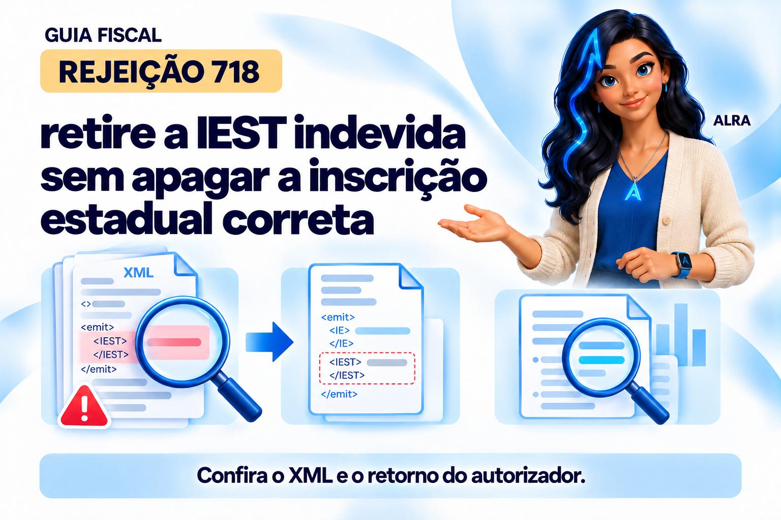 Capa ilustrada da ALRA: Rejeição 718: retire a IEST indevida sem apagar a inscrição estadual correta.