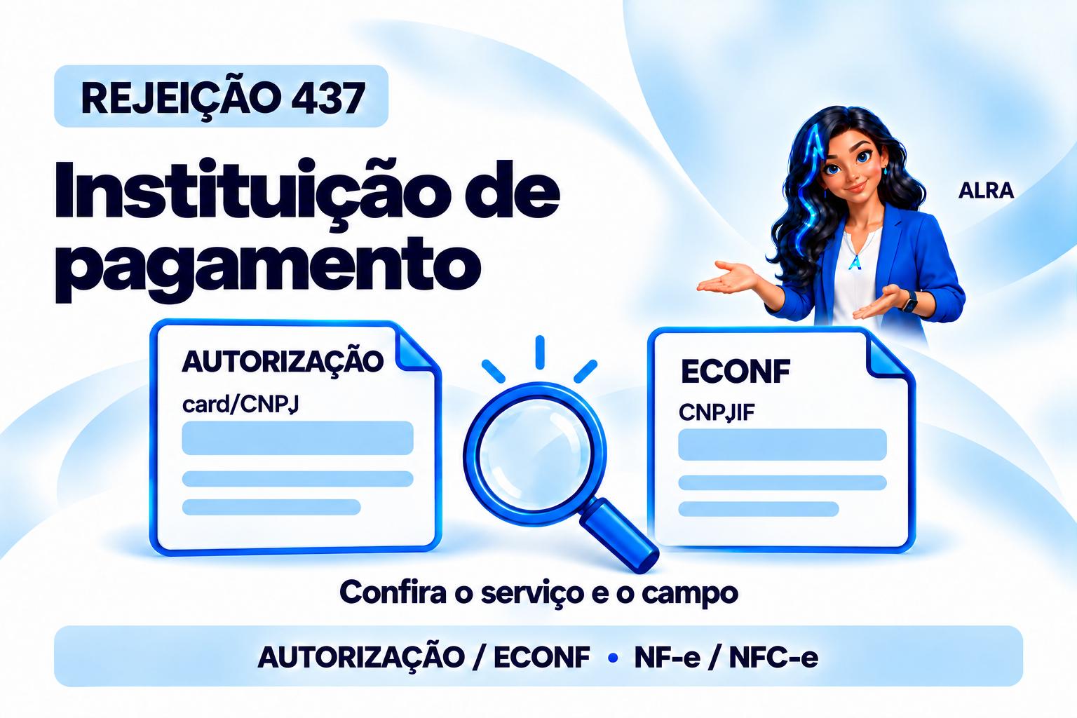 Capa ilustrada da ALRA: Rejeição 437: confira o CNPJ da instituição de pagamento.