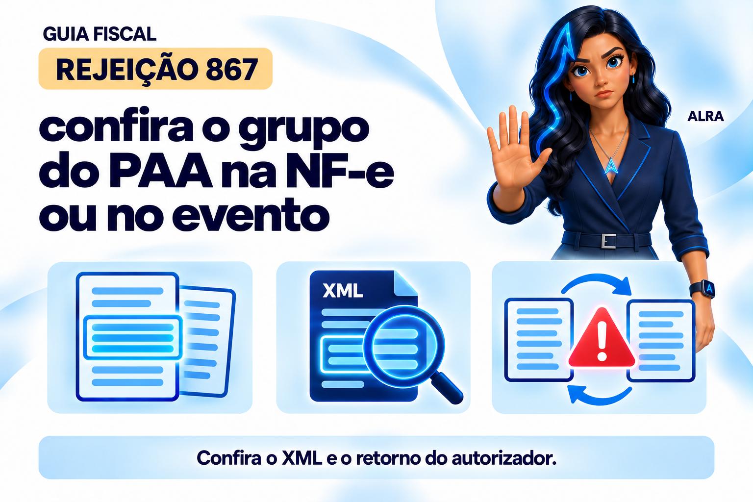 Capa ilustrada da ALRA: Rejeição 867: confira o grupo do PAA na NF-e ou no evento.
