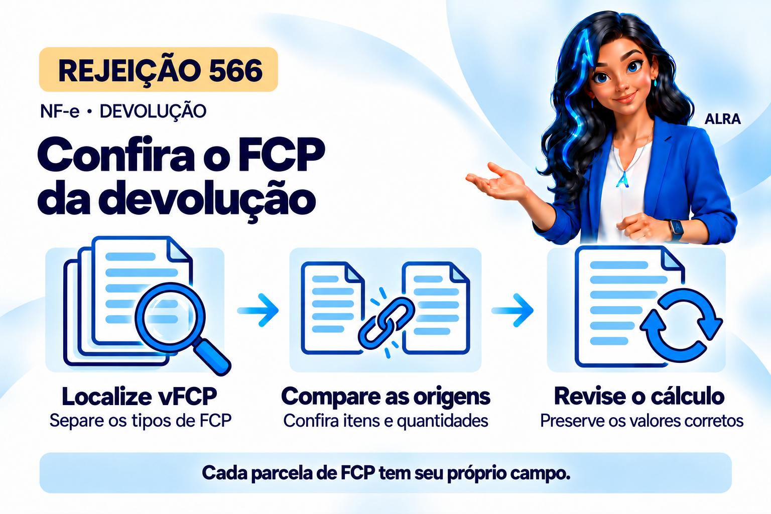 Capa ilustrada da ALRA: Rejeição 566: confira o FCP da NF-e de devolução.