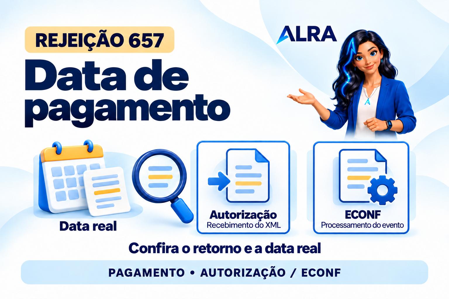 Capa ilustrada da ALRA: Rejeição 657: confira a data de pagamento na nota ou no ECONF.