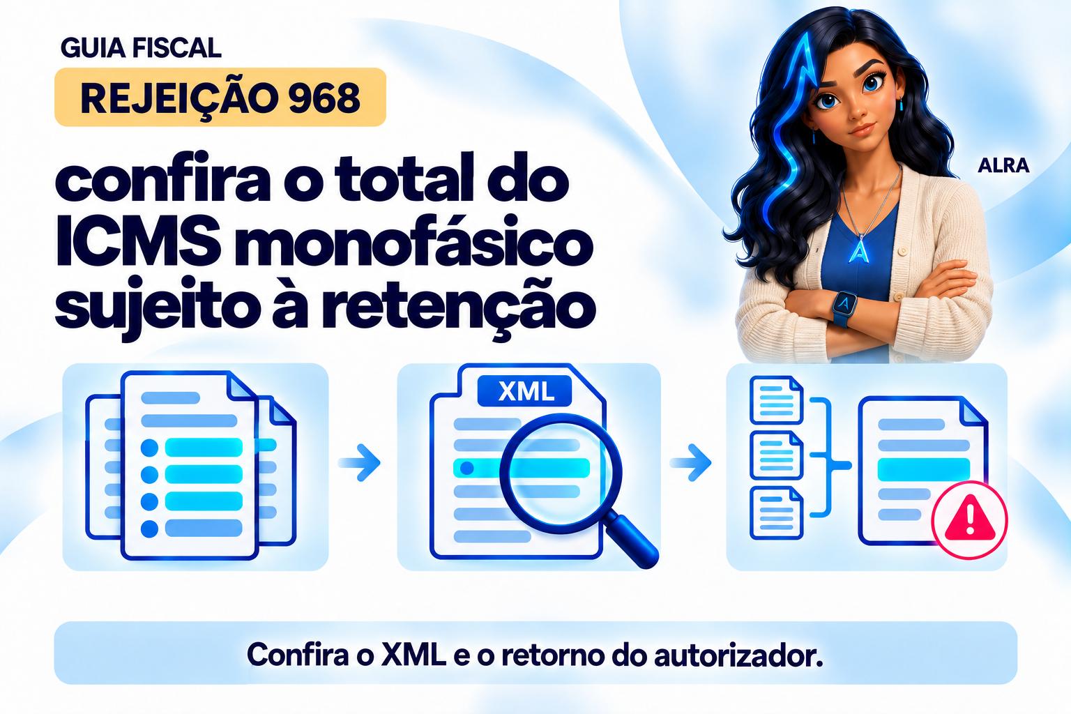 Capa ilustrada da ALRA: Rejeição 968: confira o total do ICMS monofásico sujeito à retenção.