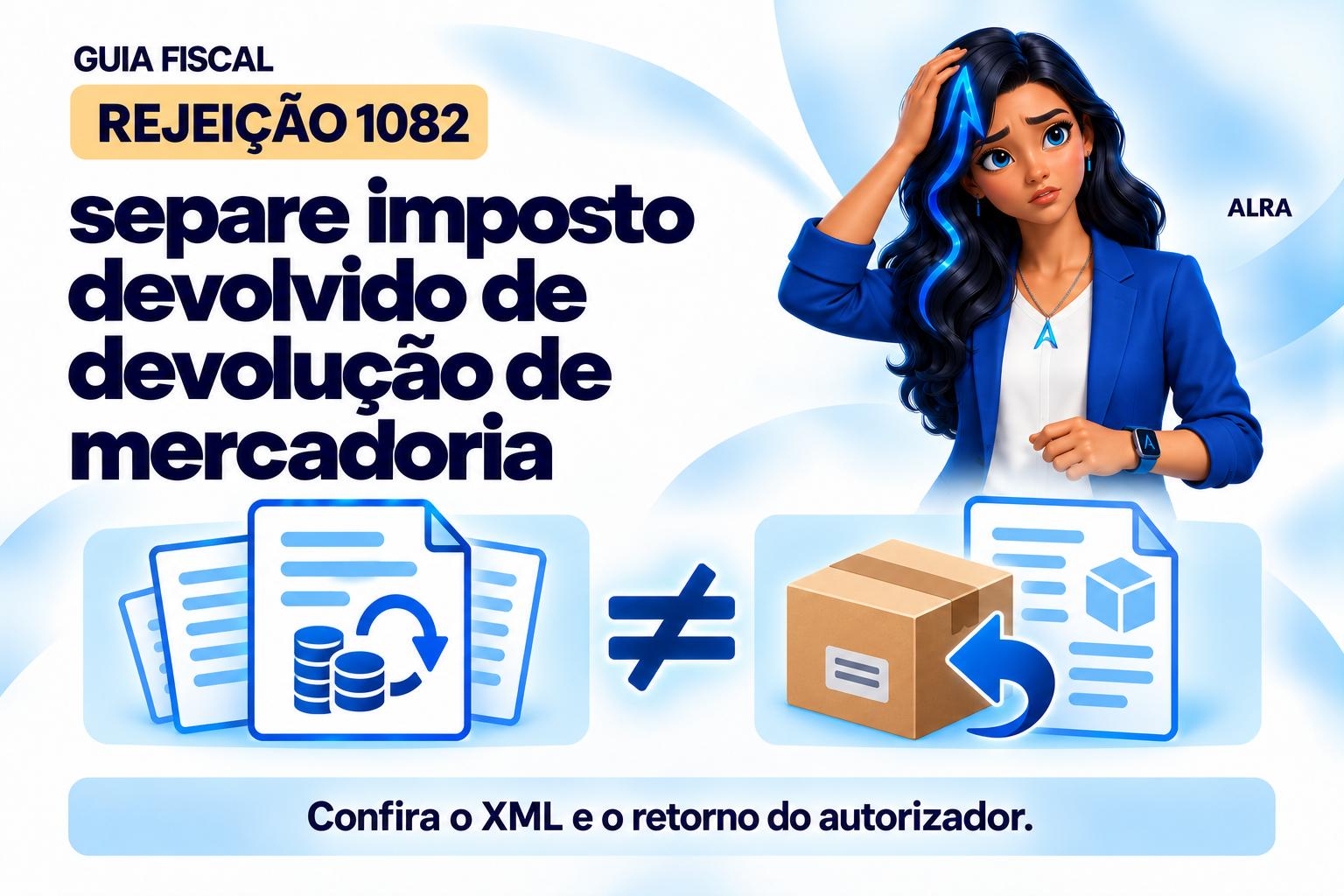 Capa ilustrada da ALRA: Rejeição 1082: separe imposto devolvido de devolução de mercadoria.