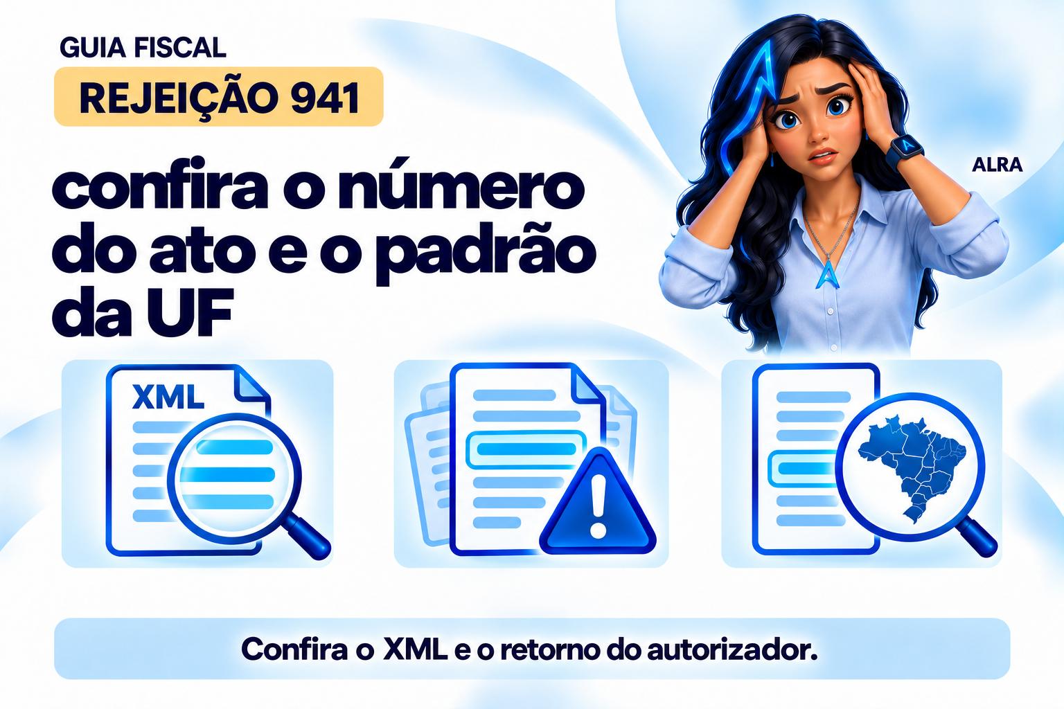 Capa ilustrada da ALRA: Rejeição 941: confira o número do ato e o padrão da UF.