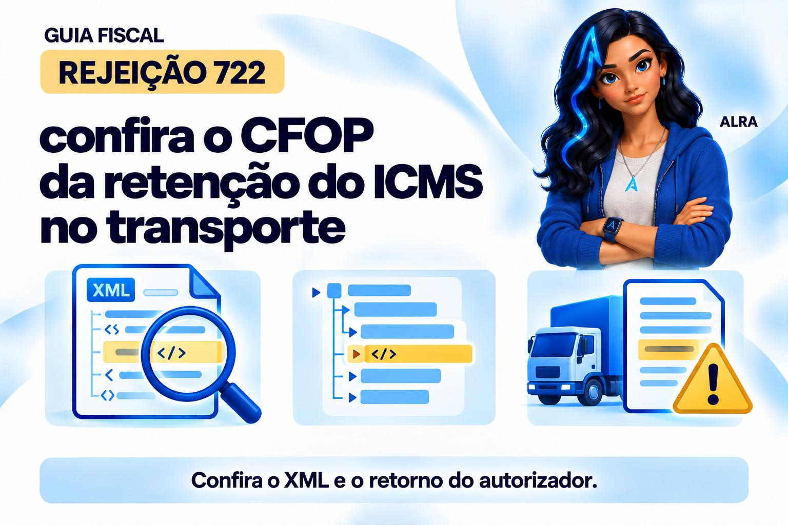 Capa ilustrada da ALRA: Rejeição 722: confira o CFOP da retenção do ICMS no transporte.