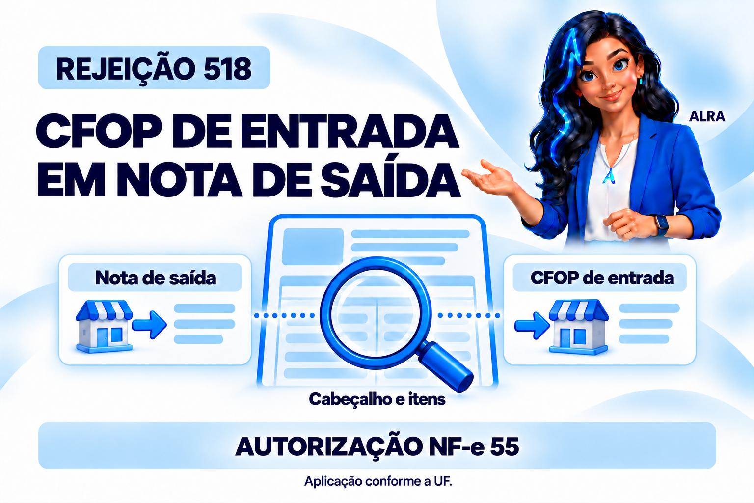 Capa ilustrada da ALRA: Rejeição 518: CFOP de entrada em uma NF-e marcada como saída.