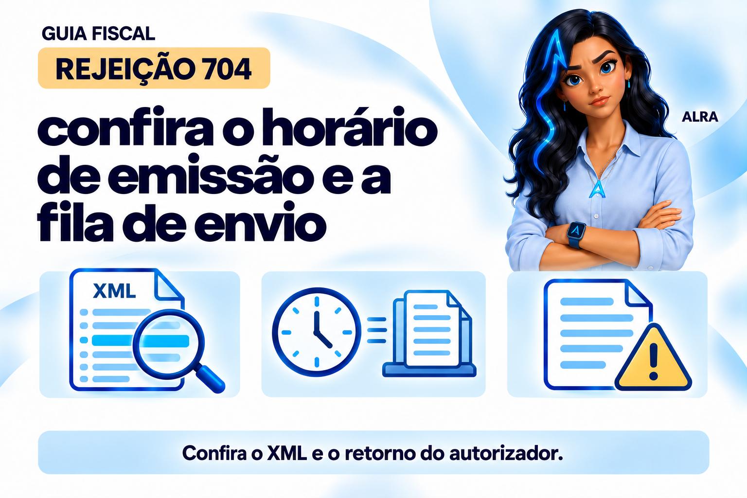 Capa ilustrada da ALRA: Rejeição 704: confira o horário de emissão e a fila de envio.