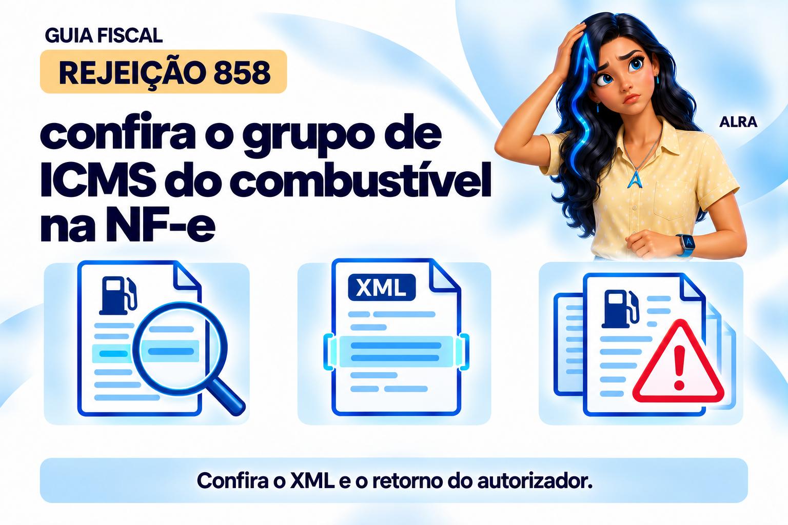Capa ilustrada da ALRA: Rejeição 858: confira o grupo de ICMS do combustível na NF-e.