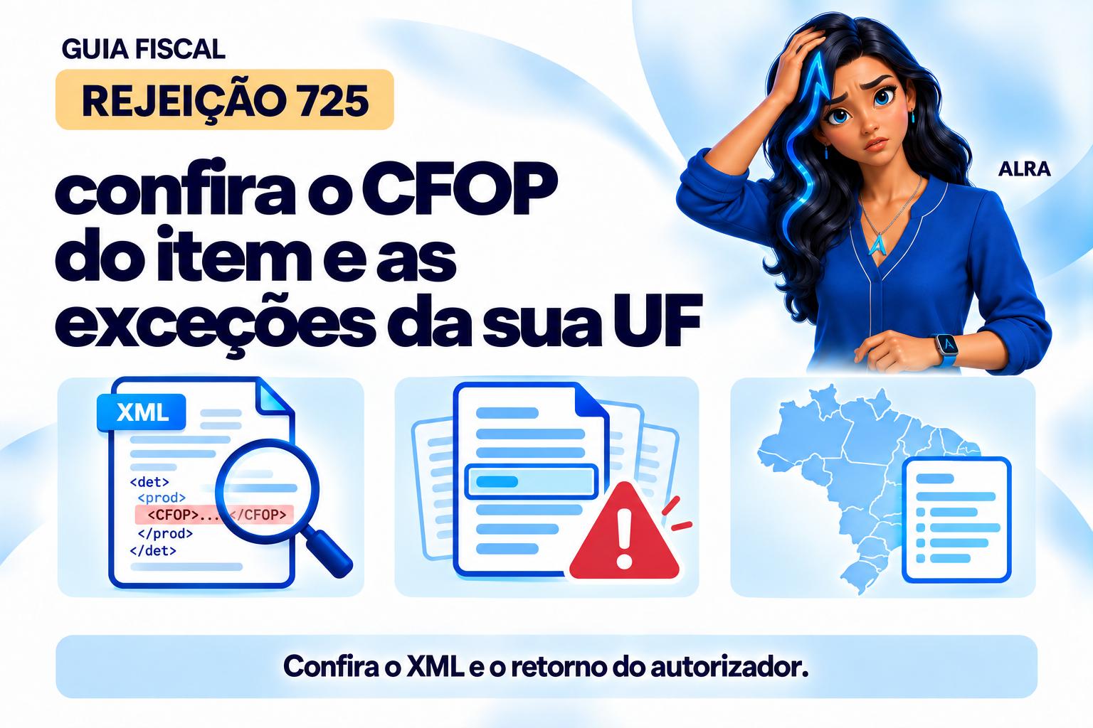 Capa ilustrada da ALRA: Rejeição 725: confira o CFOP do item e as exceções da sua UF.