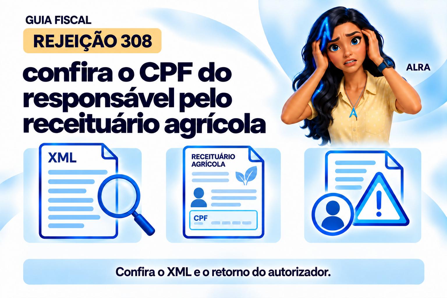 Capa ilustrada da ALRA: Rejeição 308: confira o CPF do responsável pelo receituário agrícola.