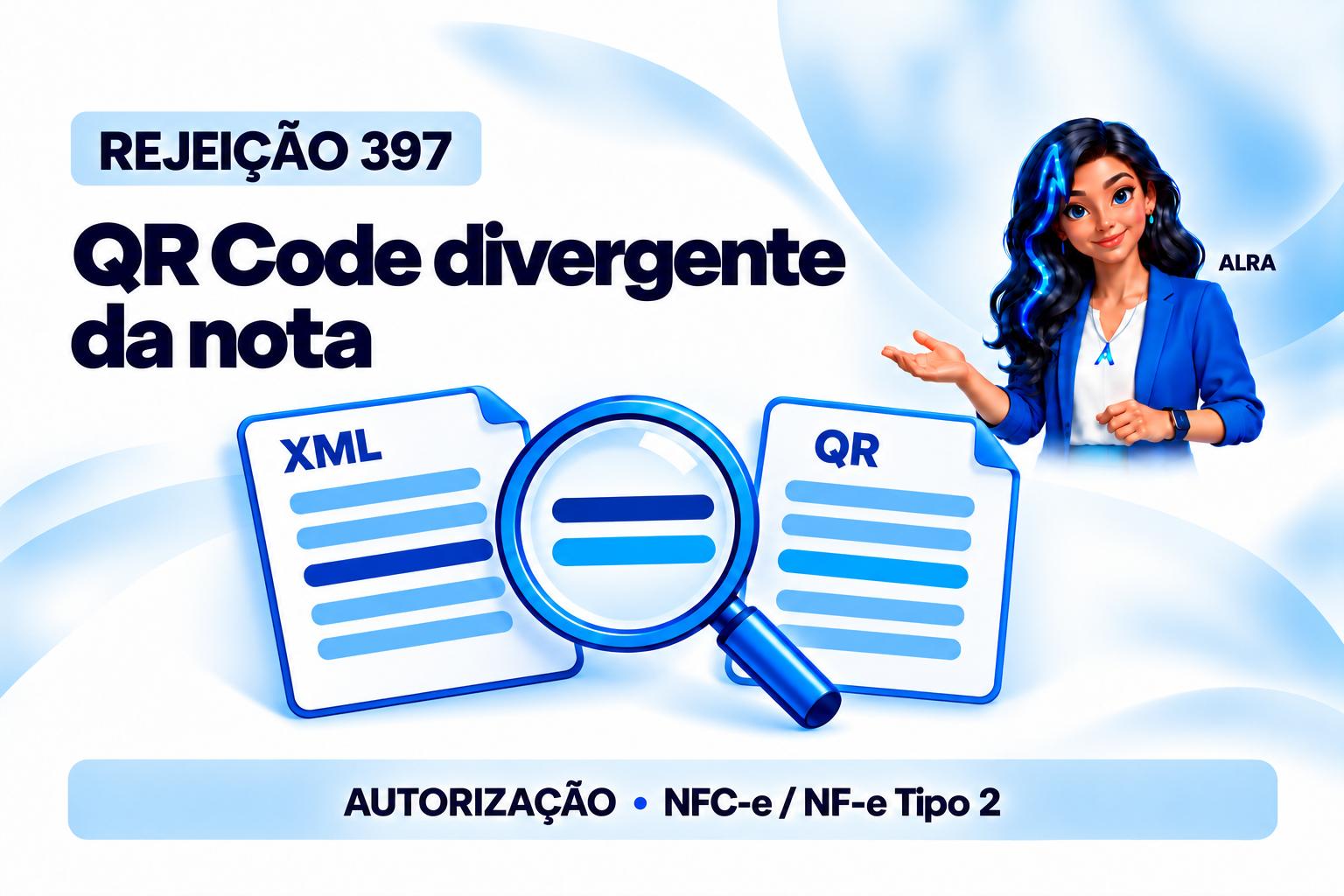 Capa ilustrada da ALRA: Rejeição 397: como reconciliar o QR Code com os dados da nota.