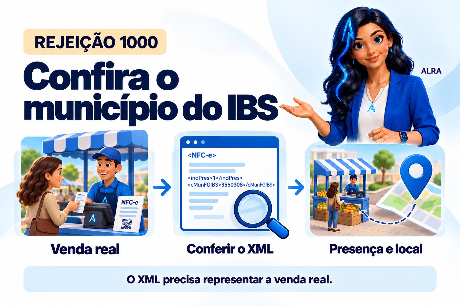 Capa ilustrada da ALRA: Rejeição 1000 na NFC-e: confira a presença do comprador antes de informar o município do IBS.