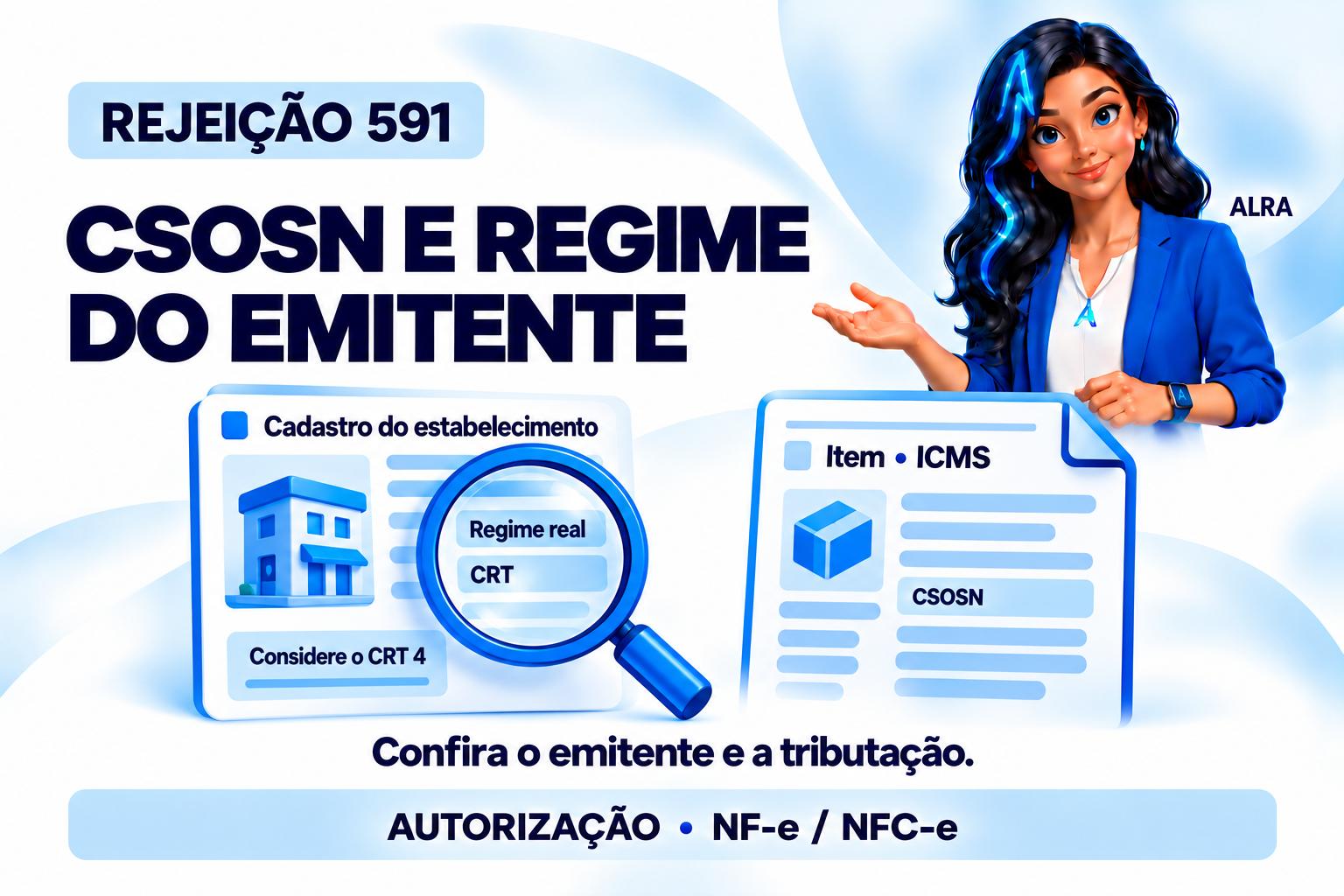 Capa ilustrada da ALRA: Rejeição 591: como corrigir CSOSN incompatível com o CRT do emitente.