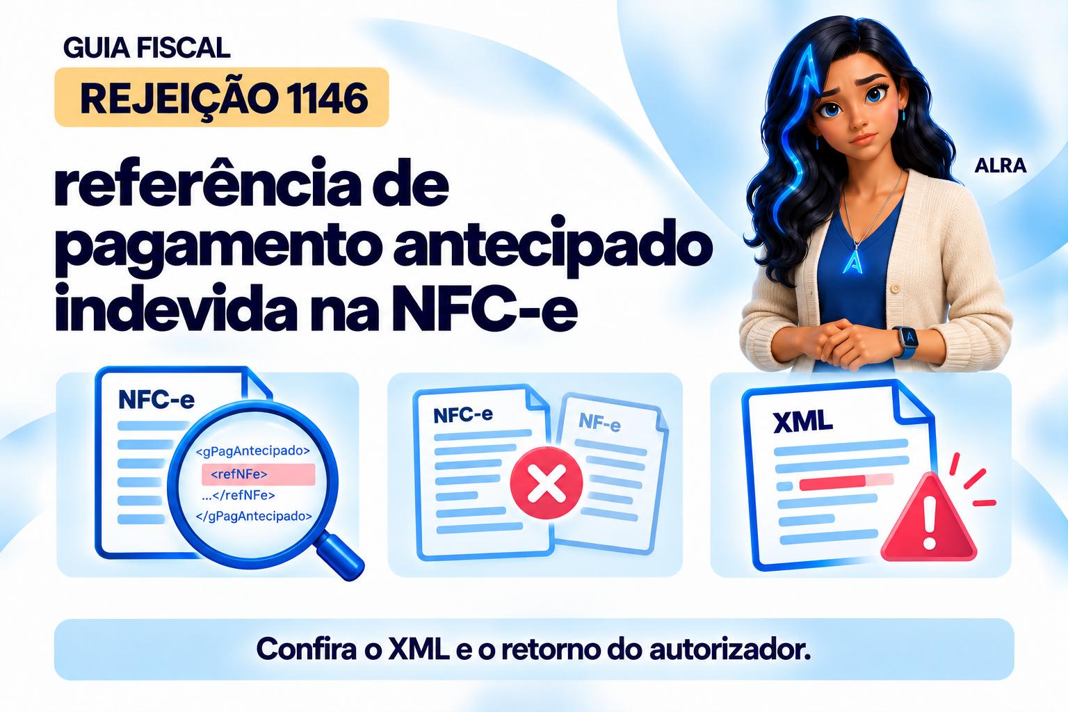 Capa ilustrada da ALRA: Rejeição 1146: referência de pagamento antecipado indevida na NFC-e.