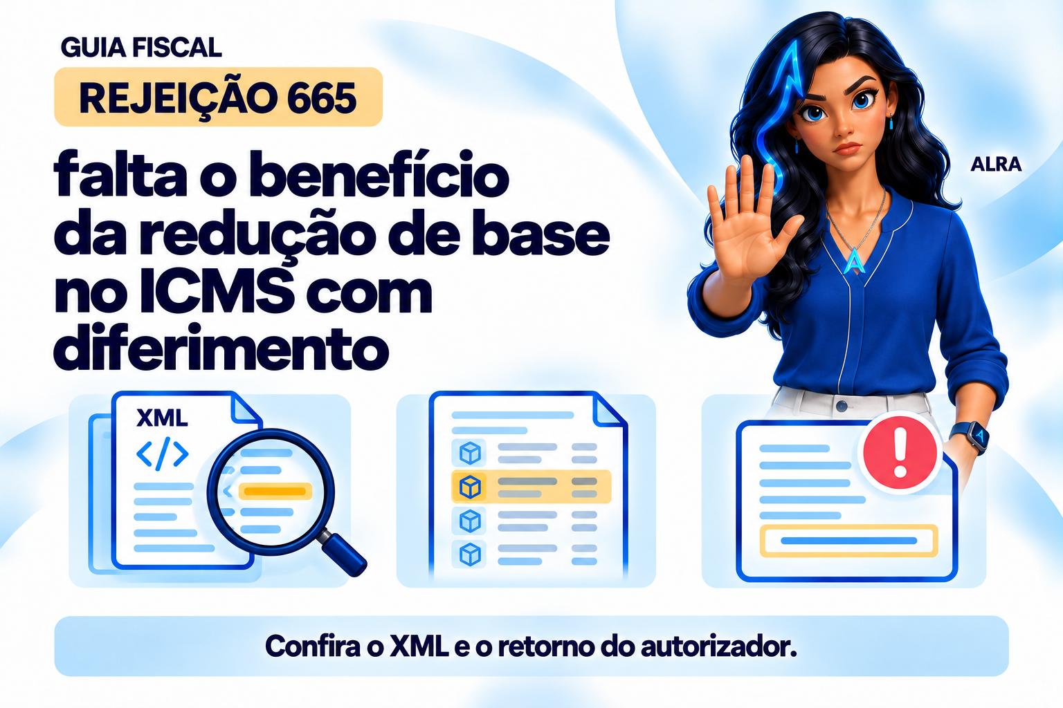 Capa ilustrada da ALRA: Rejeição 665: falta o benefício da redução de base no ICMS com diferimento.