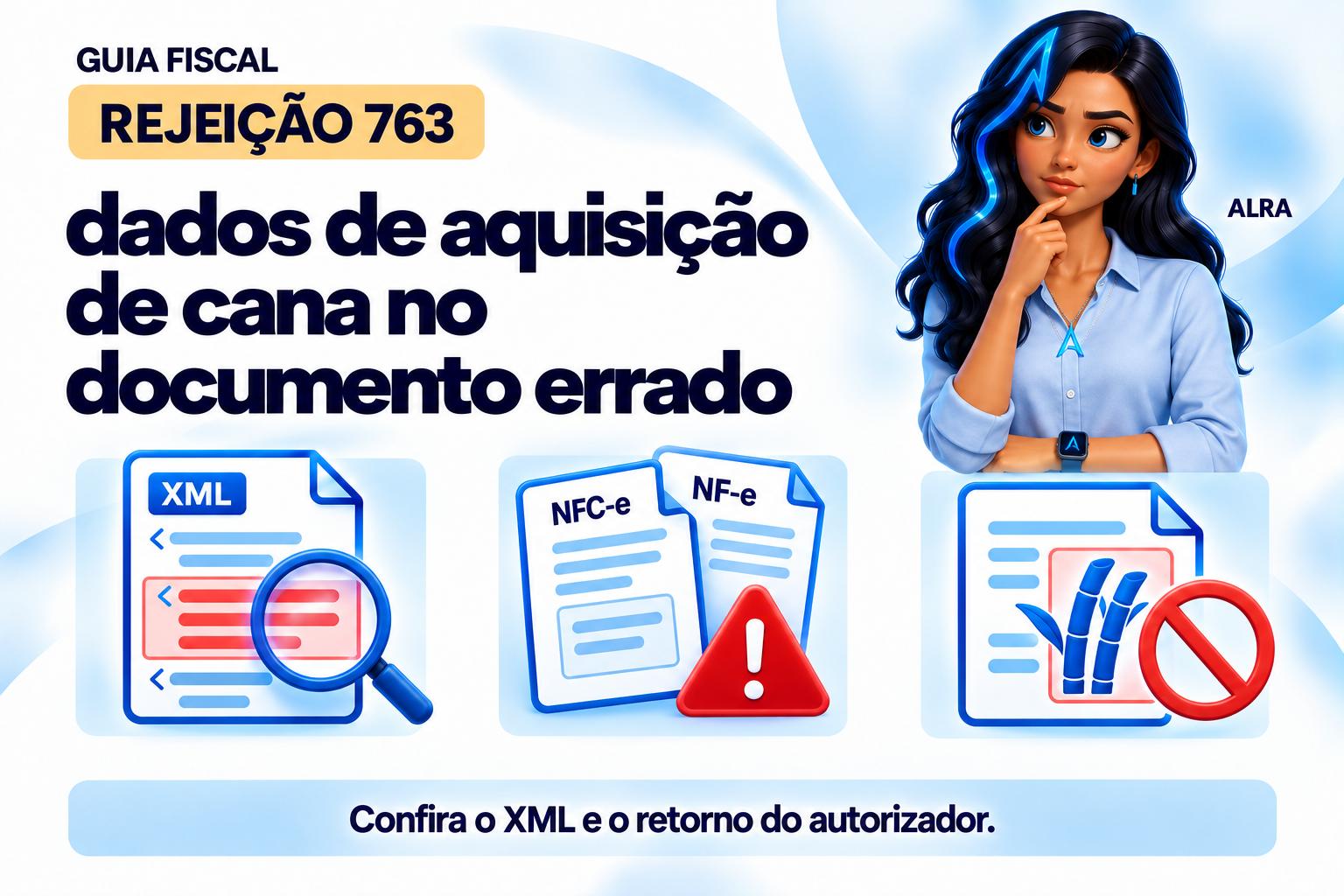 Capa ilustrada da ALRA: Rejeição 763: dados de aquisição de cana no documento errado.