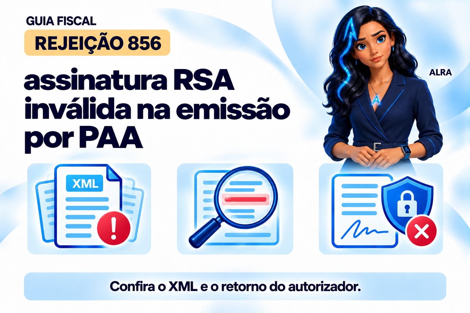 Capa ilustrada da ALRA: Rejeição 856: assinatura RSA inválida na emissão por PAA.