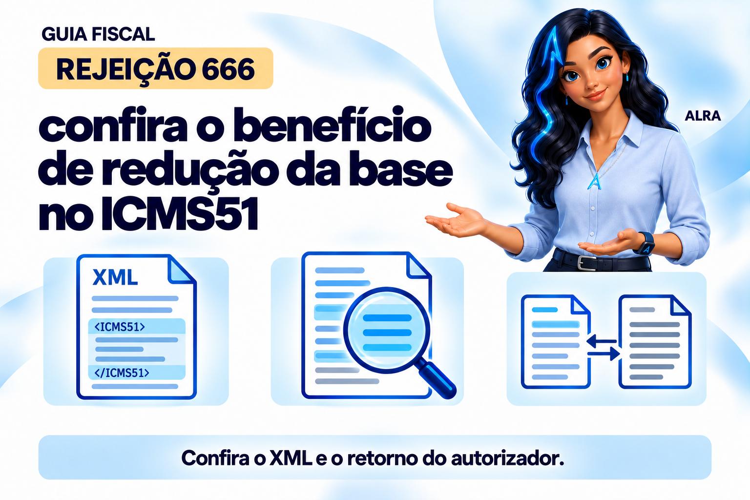 Capa ilustrada da ALRA: Rejeição 666: confira o benefício de redução da base no ICMS51.