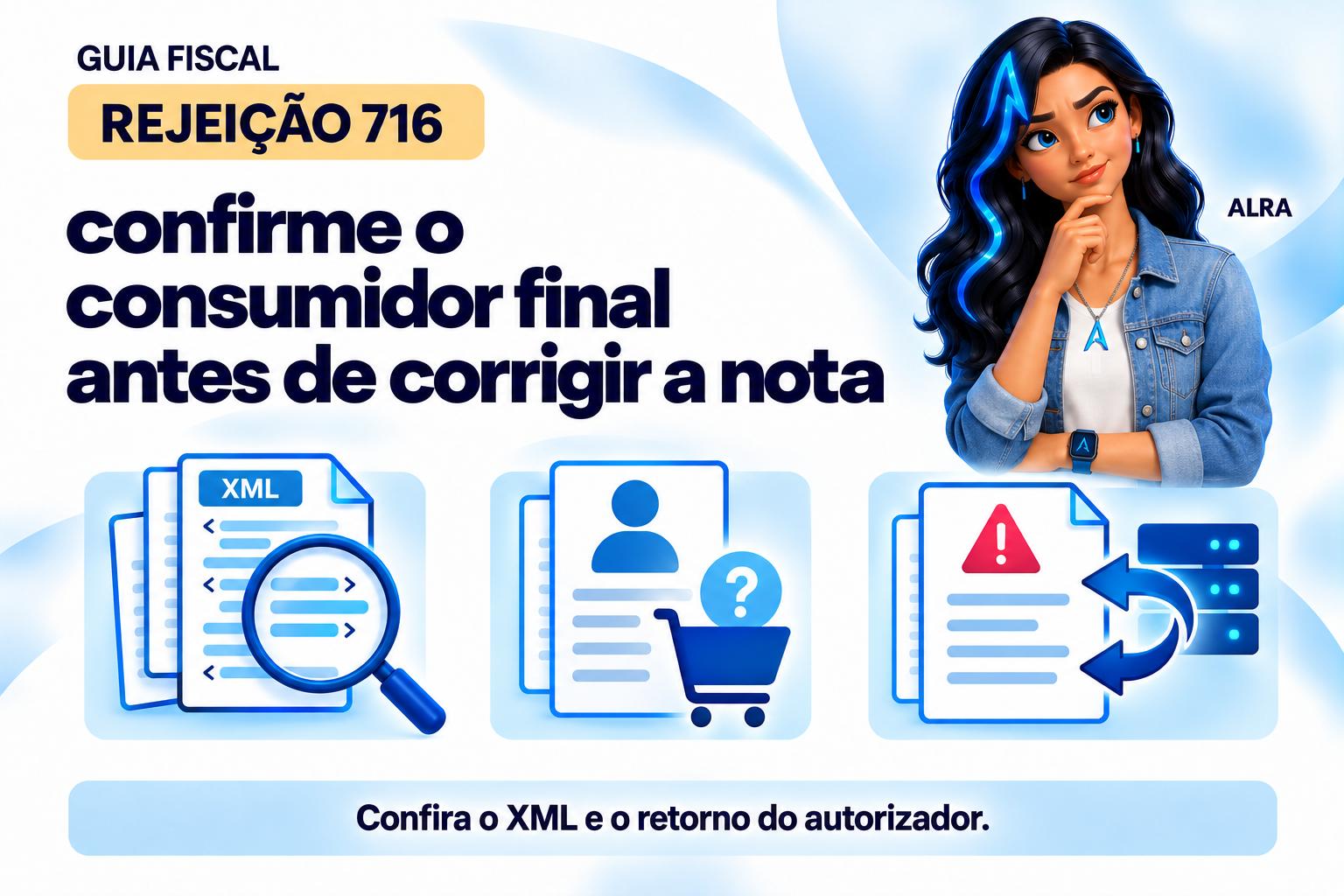 Capa ilustrada da ALRA: Rejeição 716: confirme o consumidor final antes de corrigir a nota.