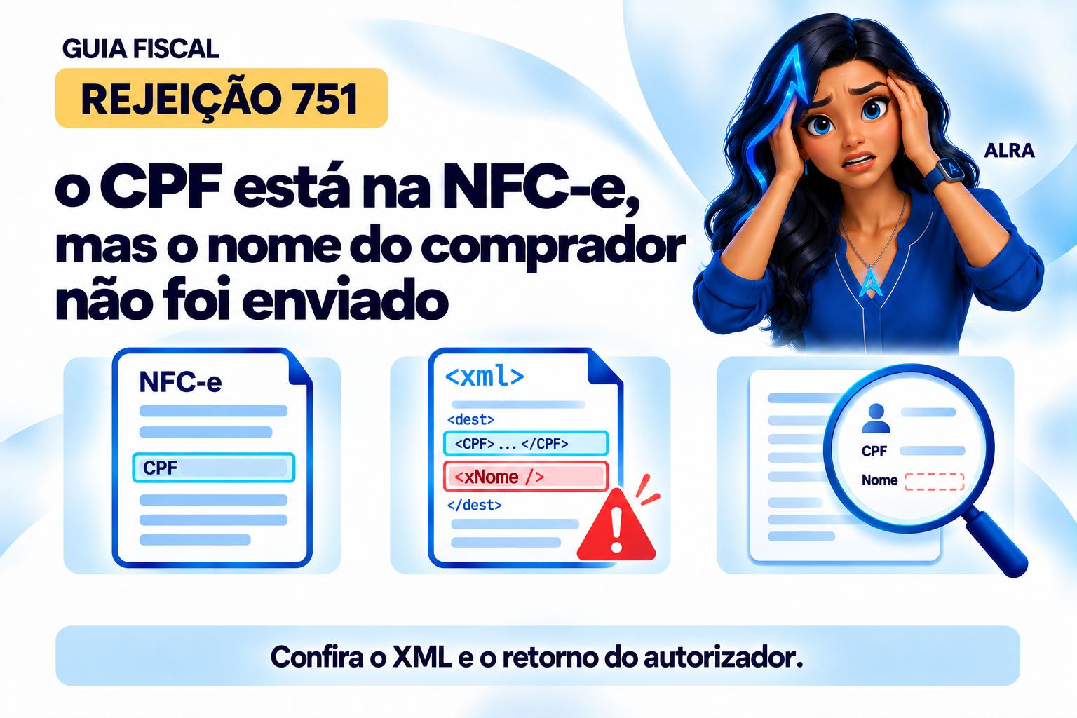 Capa ilustrada da ALRA: Rejeição 751: o CPF está na NFC-e, mas o nome do comprador não foi enviado.